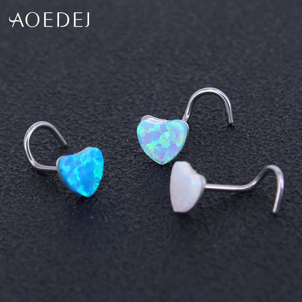 AOEDEJ 3 цвета сердце нос шпилька для пирсинга, из нержавеющей стали синий природный камень опал кольца и штанги в нос украшение для пирсинга носа