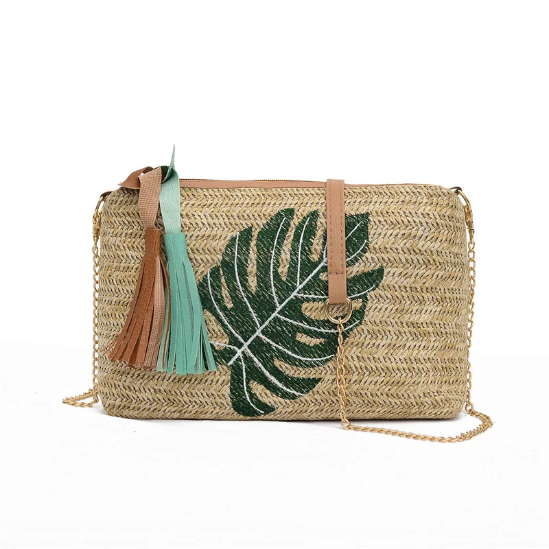 Large-capacity fashion straw bag women's handmade woven rattan leaf print tassel zipper shoulder beach | Багаж и сумки