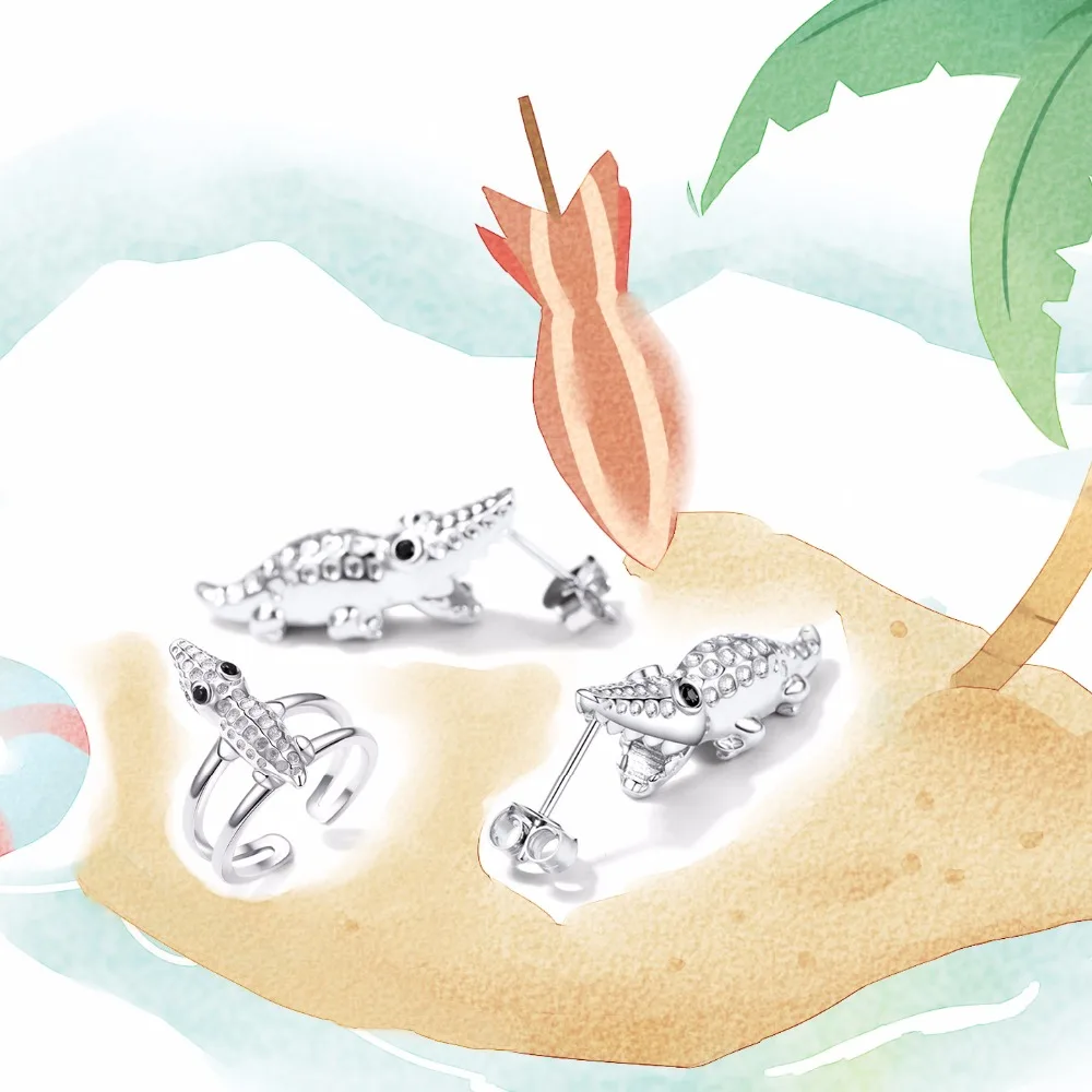 SILVERCUTE 925 пробы серебряные серьги-гвоздики с крокодилом для женщин и девочек милые