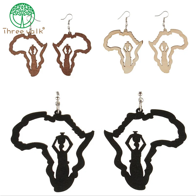 

2021 wholesale Women Africa Map Wood Earrings For Women Decoration Afro Spirit