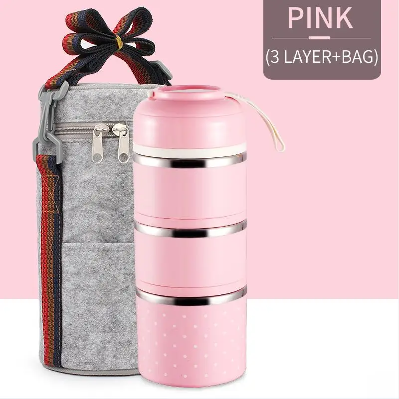3 Layer Pink Bag Термальный Ланч-бокс для детей герметичный из нержавеющей стали Bento box Дети милый японский Портативный Пикник школьный контейнер для еды, судок - Цвет: 3 Layer Pink Bag