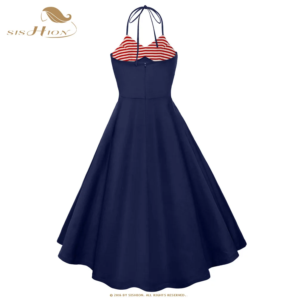 Женское винтажное платье в стиле ретро sision темно-синее без рукавов с принтом