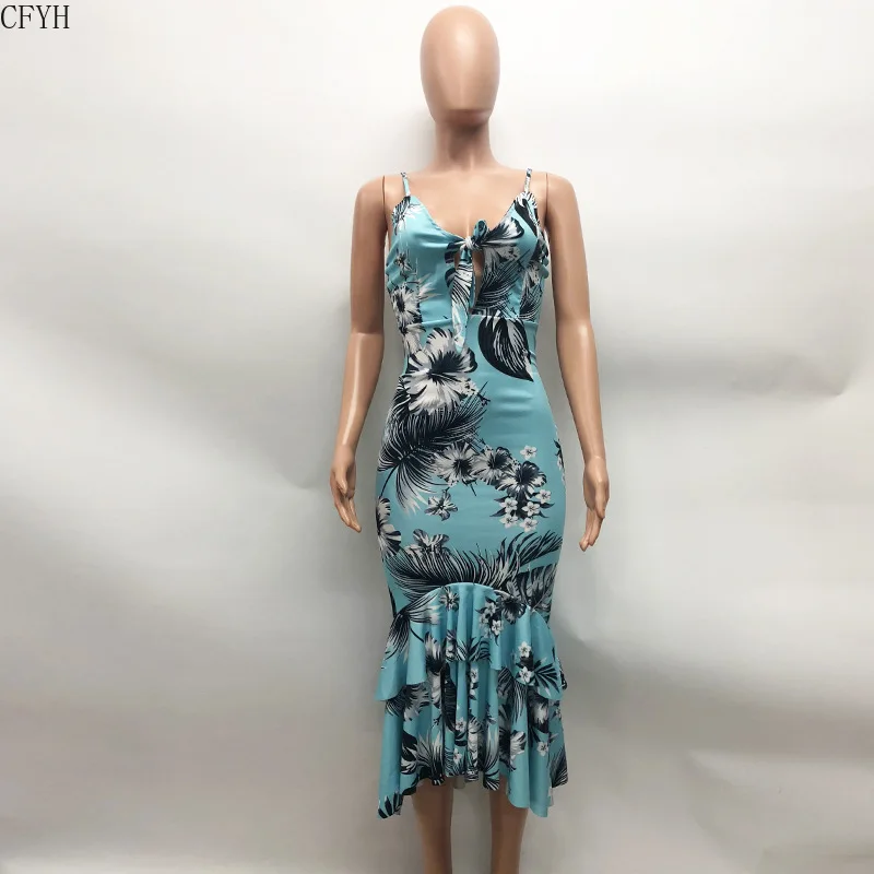 Летнее сексуальное платье русалки женское на бретельках с бантом Vestidos