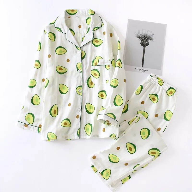 Avocado Printed Дамский пижамный комплект из хлопка с принтом авокадо из мультфильма, 2 предмета, рубашка с отложным воротником+ штаны, комфортная одежда для женщин - Цвет: Avocado Printed