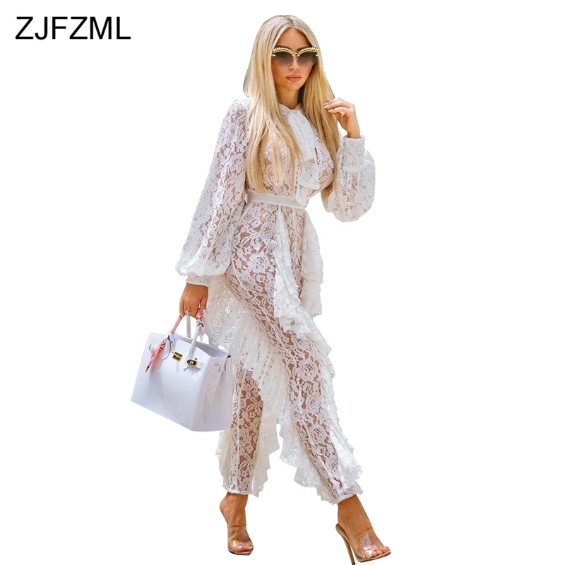 White ZJFZML прозрачные белые кружевные вечерние комбинезоны для клуба для женщин с длинным рукавом и оборками Облегающий комбинезон элегантный Рождественский прозрачный комбинезон - Цвет: White