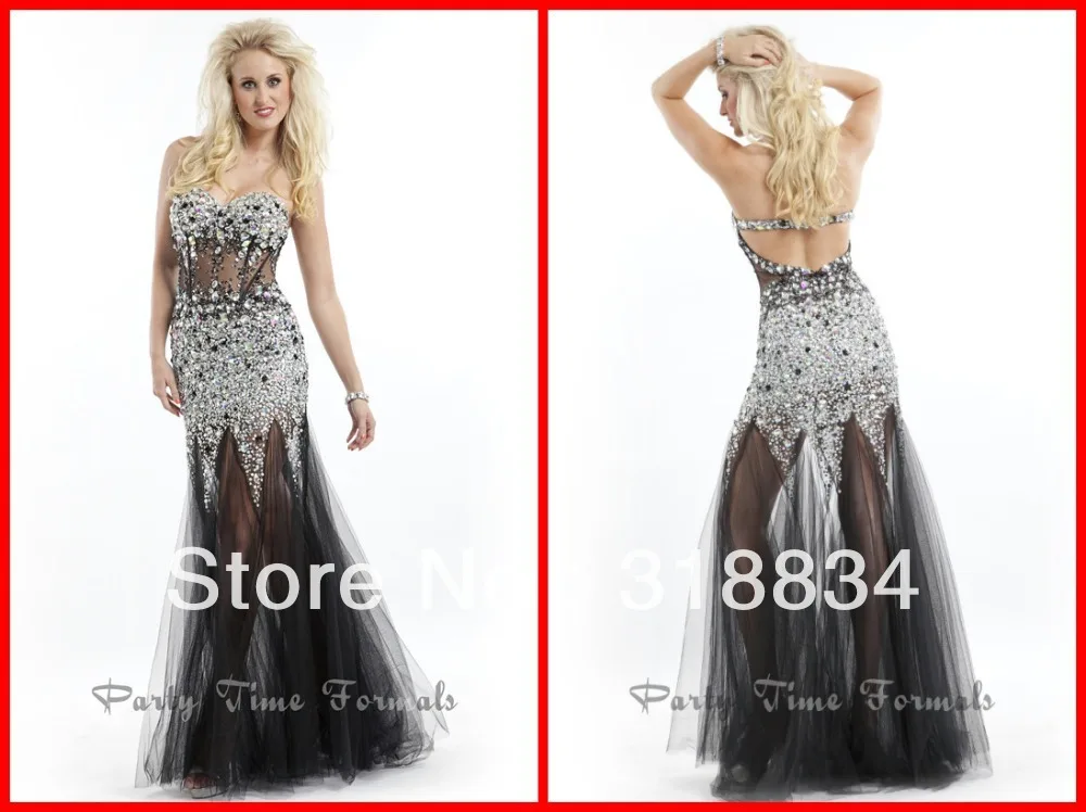 2014 Hot Sale Black Tulle Evening Dresses See through Low Back Mermaid Full Crystals Floor Length Formal Prom Dress Gown 2014|gown