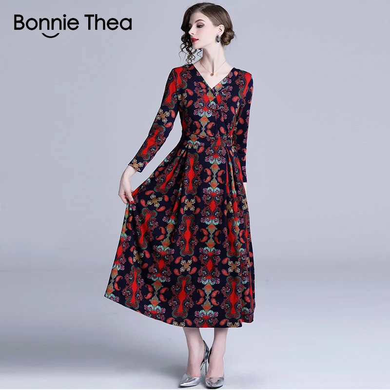 Женское платье с цветочным принтом Bonnie Thea Осеннее Элегантное Длинное винтажное