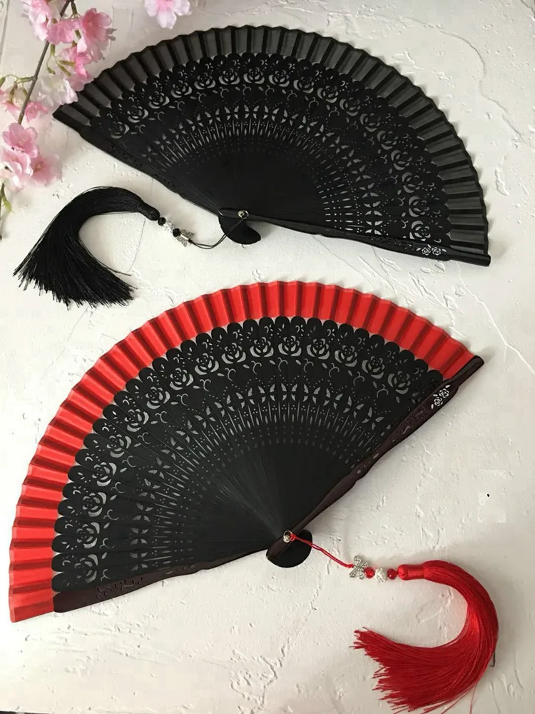 Ancient style red court carving craft fan Hollow out Bamboo Handle Folding Fan Antique Cooling Indoor Decoration Exquisite | Дом и сад
