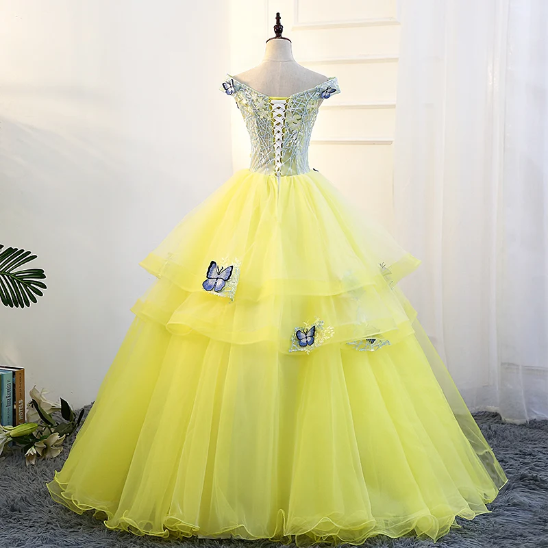 He's Bride Butterfly Boat Neck Lace Up Back Floor-Length Ball Gown Tulle Yellow Wedding Dresses Custom Party Vestido De Noiva | Свадьбы и