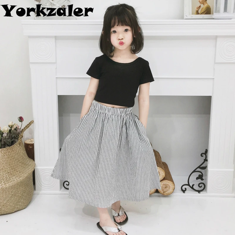 

Girls Clothes Set Summer Short T Shirt Crop Top and Triped Skirt for Baby Kids Clothing Sets Lovely Sets Children Basic Clothing