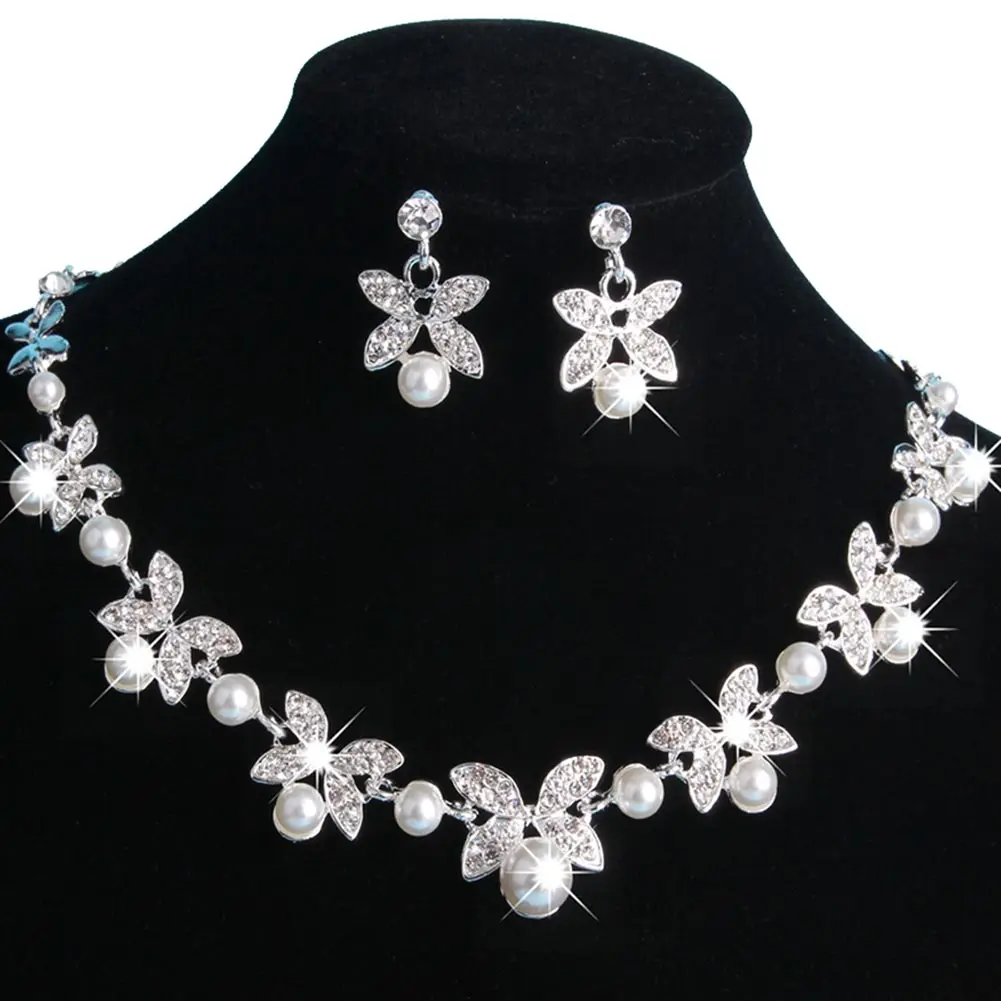 Women Lady Necklace Earrings Kit Crystal Pearl Beads Butterflies Party Wedding Bridal Jewelry Set Gift M8694 | Украшения и