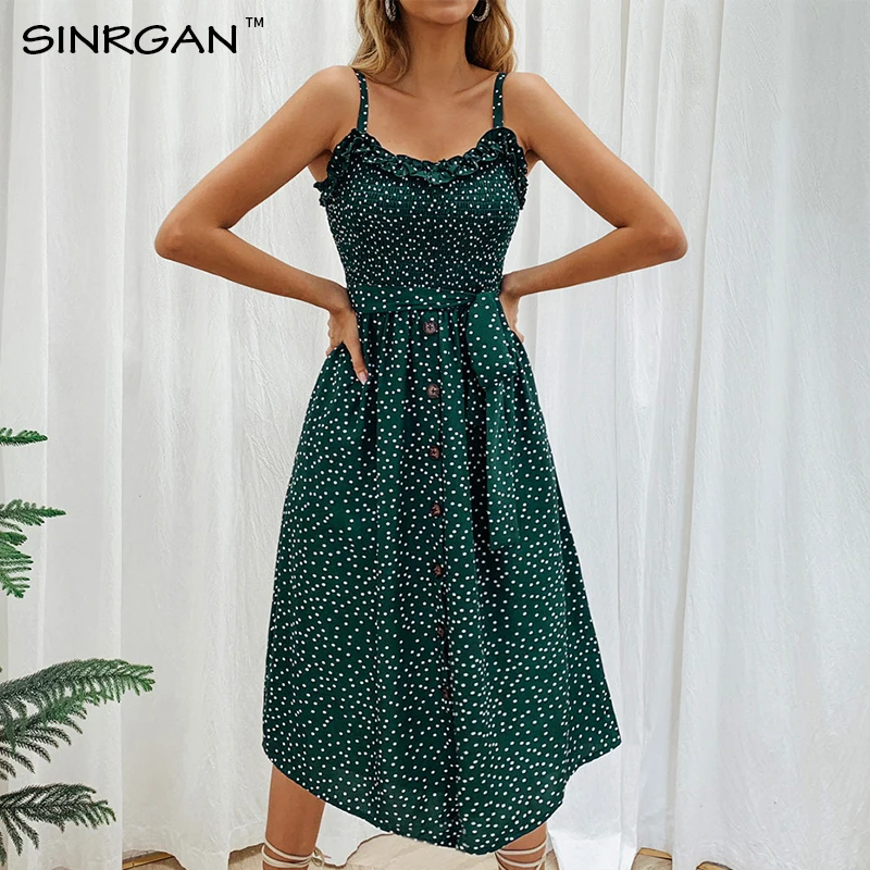 SINRGAN 2020 женское платье на бретельках в горошек Boho пляжное летнее Французский