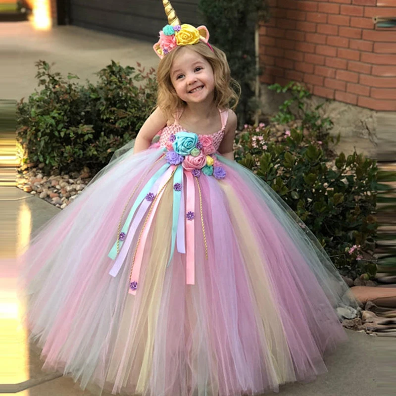 Коллекция 2019 года платье с единорогом для девочек платье-пачка цветочным