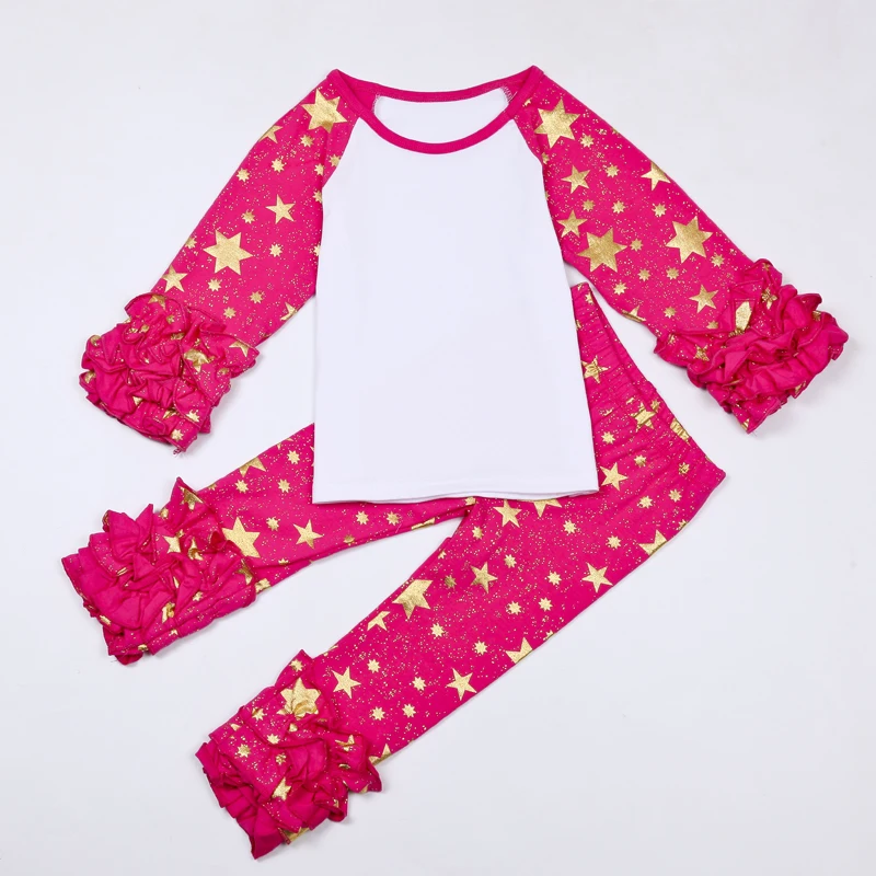 Snow and Star printed Baby Girls Cotton Monogrammed Ruffle Long Sleeved Shirts with ruffle Raglan pants outfit set | Детская одежда и