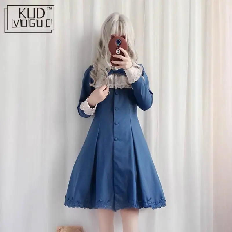 Готическое платье лолиты японское женское Харадзюку каваи черный бант кружевное