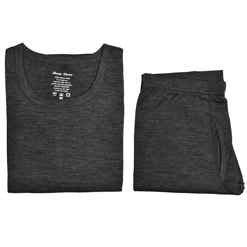Gery top and pants Мужская рубашка из чистой мериносовой шерсти, легкая, базовый слой, длинный рукав, теплая, зима, весна, дышащая, термобелье, топы - Цвет: Gery top and pants