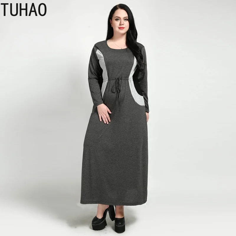 

TUHAO Patchwork GREY Dresses Women Spring Vintage Loose Long Sleeve Elegant Vestidos Plus Size 7XL 6XL Dress RL