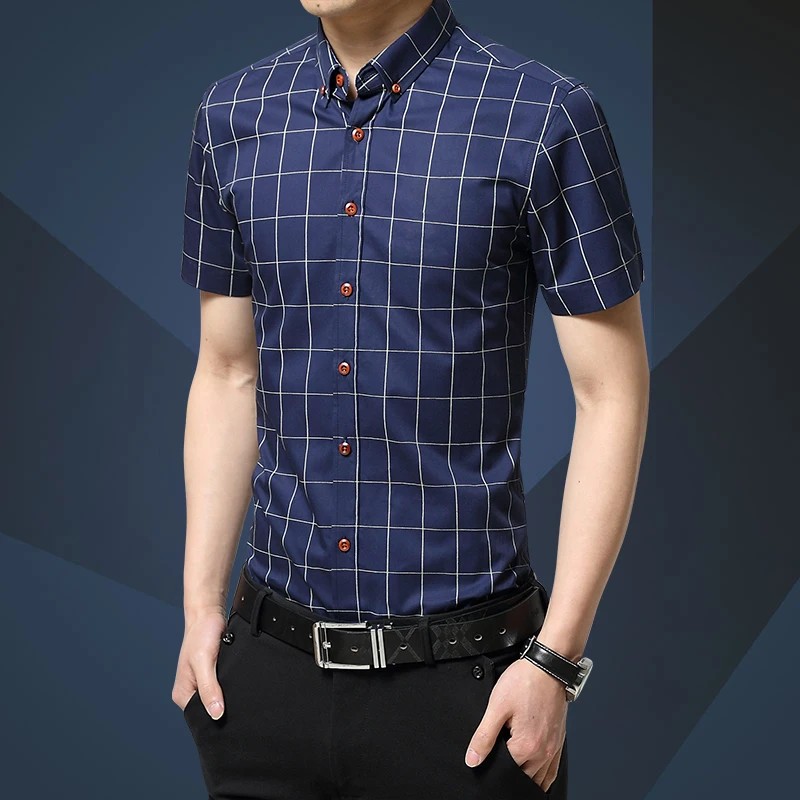 Мужская рубашка с коротким рукавом приталенная в клетку лето 2020|chemise homme|camisa