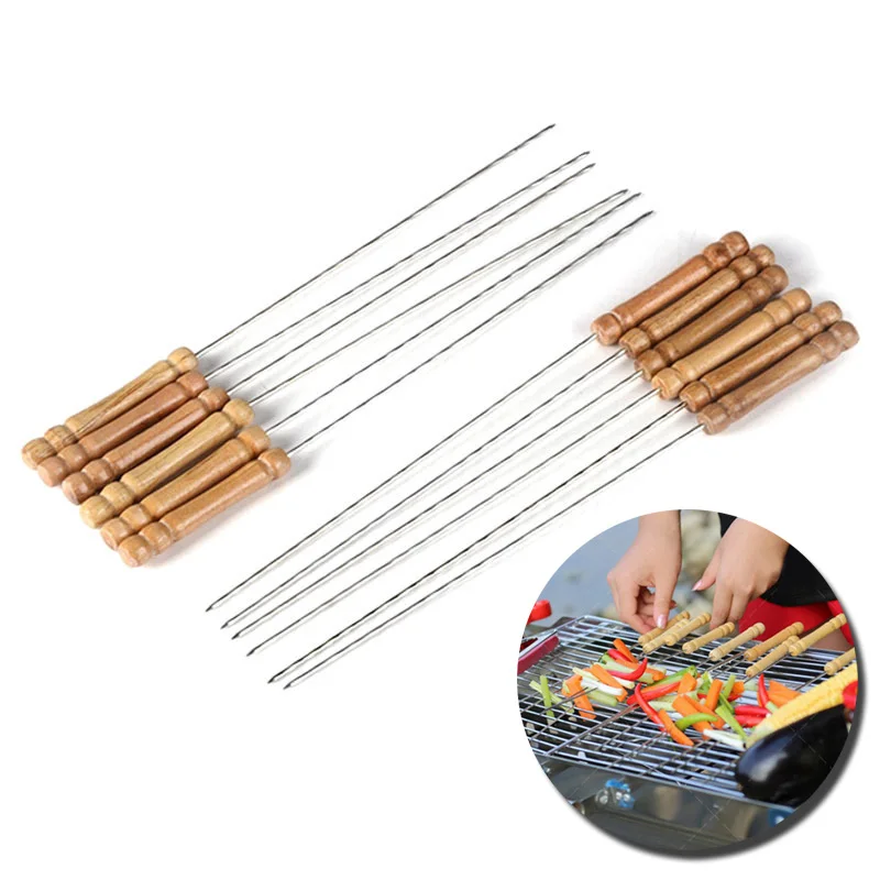 12pcs/lot 38cm/15''Wood BBQ Kebab Stick Metal bbq Skewers Wooden Barbecue Roasting Needle Grilling Kebob Skewer set | Дом и сад