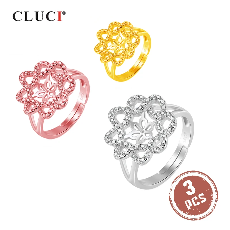CLUCI 3 шт. серебряное кольцо 925 Женские Ювелирные изделия с жемчугом регулируемое