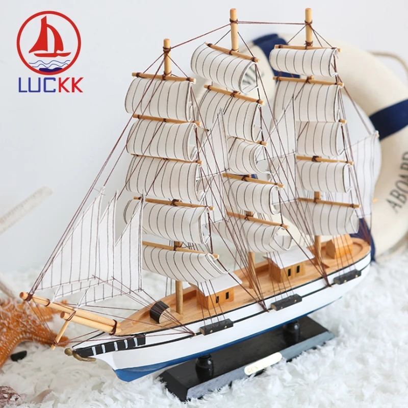 

LUCKK 50CM Handmade Mediterranean Style Wooden Model Ships Home Decoration Wood Carfts Nautical Sea Miniature SailBoat Figurine