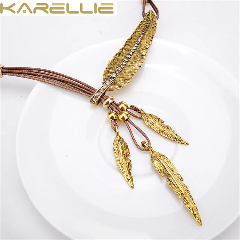 KARELLIE Vintage Jewelry Rope Chain Necklace Alloy Feather Statement Necklaces Pendants Women Accessories | Украшения и