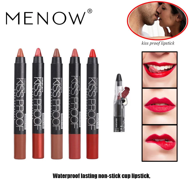 

5pcs/lot MENOW kissproof with 1pcs sharpener matte lipstick Makeup long lasting waterproof batom soft lipstick free shipping