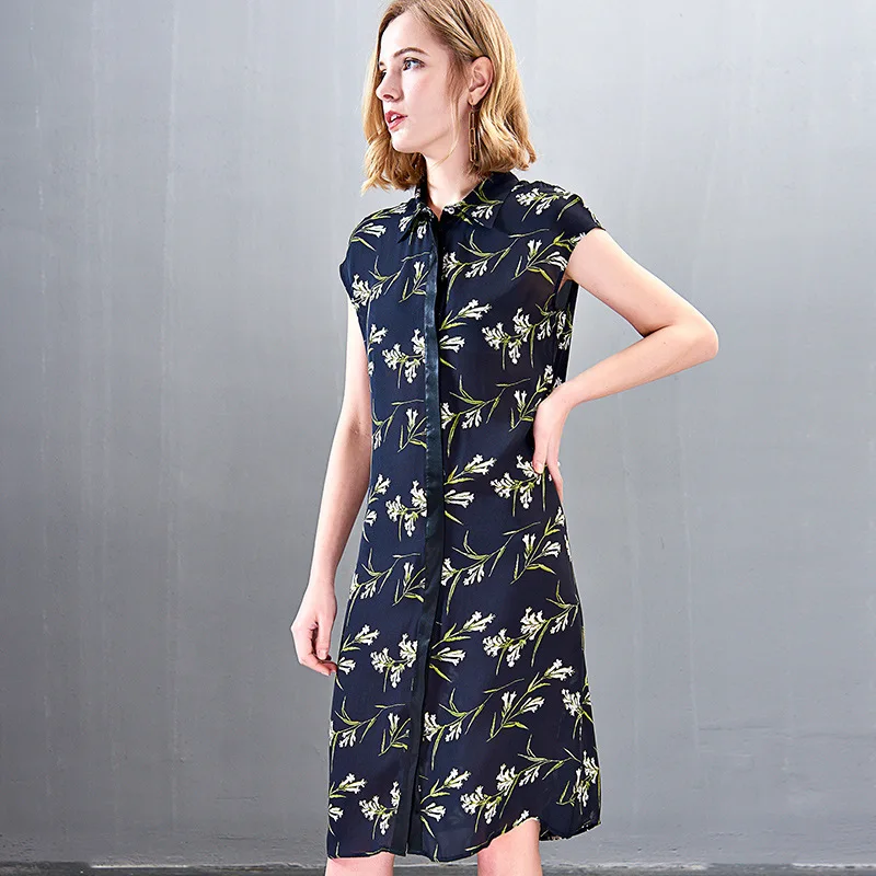 Летние платья из 100% шелка новые средней длины с принтом и пуговицами|Женские