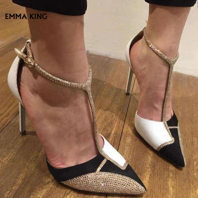 Женские туфли лодочки с острым носком на шпильке ремешком щиколотке Цвет черный