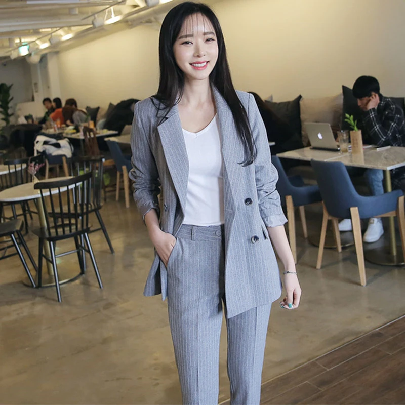 

Work Pant Suits OL 2 Piece Sets Double Breasted Striped Blazer Jacket & Zipper Trousers Suit For Women Set Feminino Spring