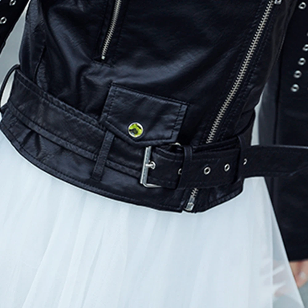 Женская куртка из искусственной кожи FTGSDLONG черная с длинными рукавами и