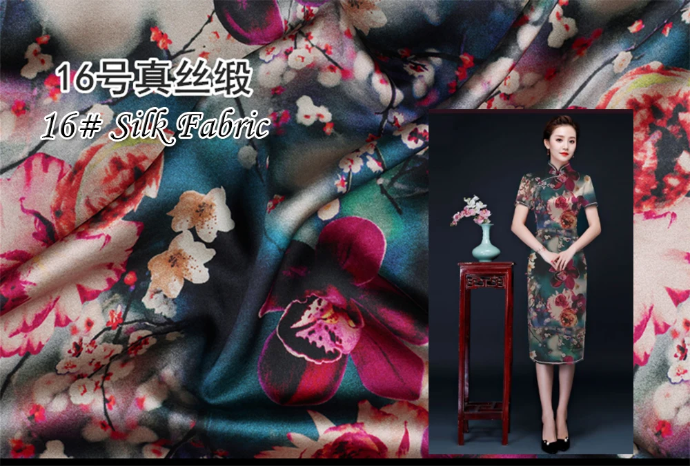 Тянущаяся атласная шелковая ткань с струйным принтом для шелковых платьев