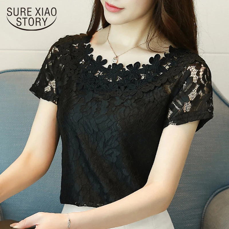

New 2019 Summer Women Shirt Blouse Short Sleeve Lace Fashion Hollow Lace Clothing Sweet White Black Women Tops Blusas D698 30