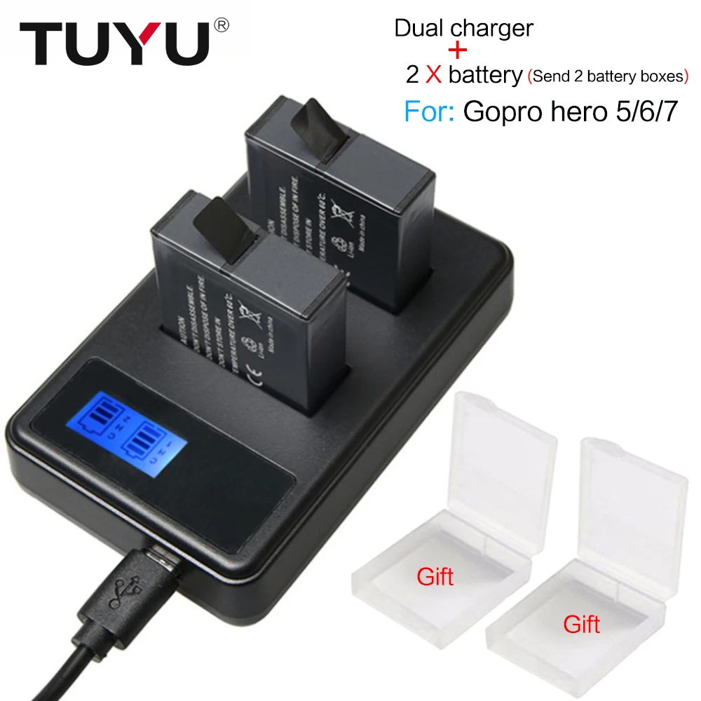 TUYU 2 шт. для GoPro Hero 5 6 7 батарея 1220 мАч + ЖК двойное зарядное устройство USB Hero5 Черная