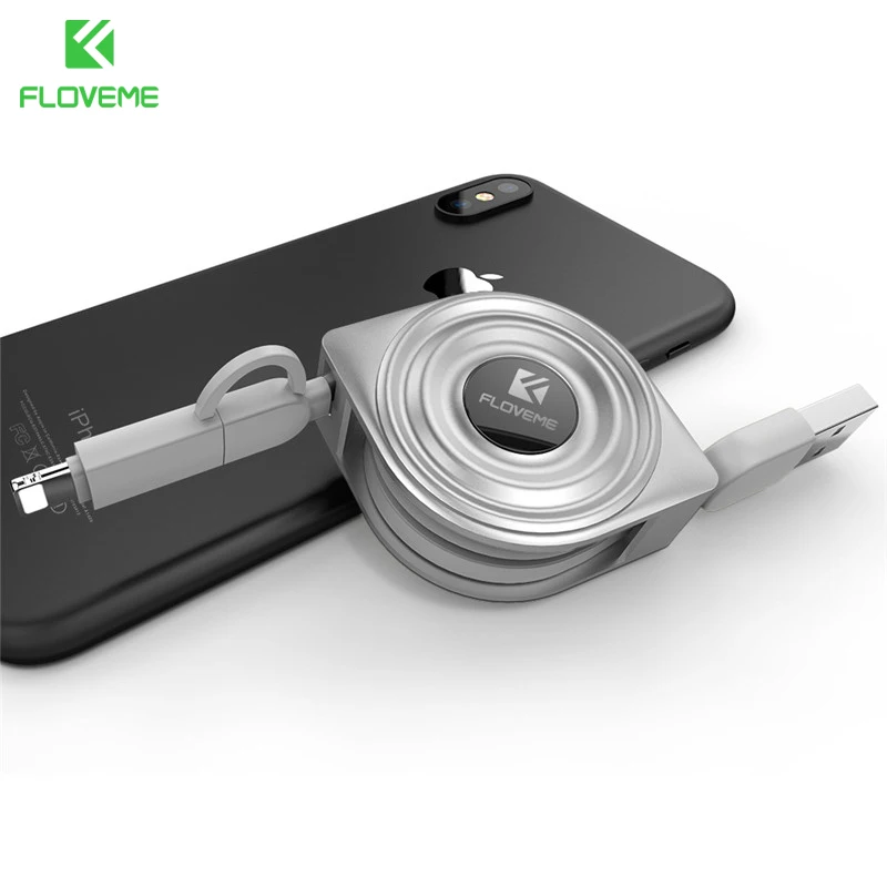 Grey Floveme usb кабель 2 в 1 кабель Lightning/USB+ Micro USB Зарядное устройство Кабели для IPhone X 8 7 6 iPad air 1 м выдвижной для Xiaomi Кабос зарядка для телефона провод Micro usb - Цвет: Grey