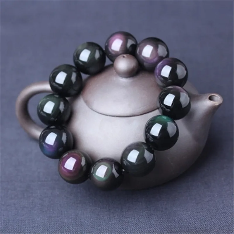 Браслет из натурального радужного обсидиана с натуральным кристаллом бисер для