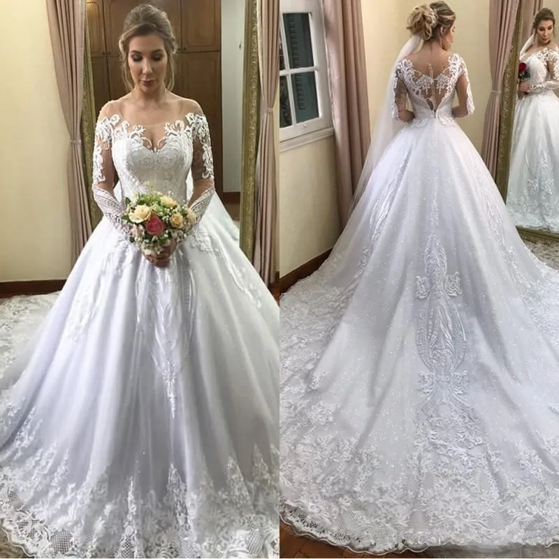 

2021 Vintage Scoop A Line Long Sleeve Wedding Dresses Chapel Train Applique Beaded Sequin Plus Size Bridal Wedding Gowns