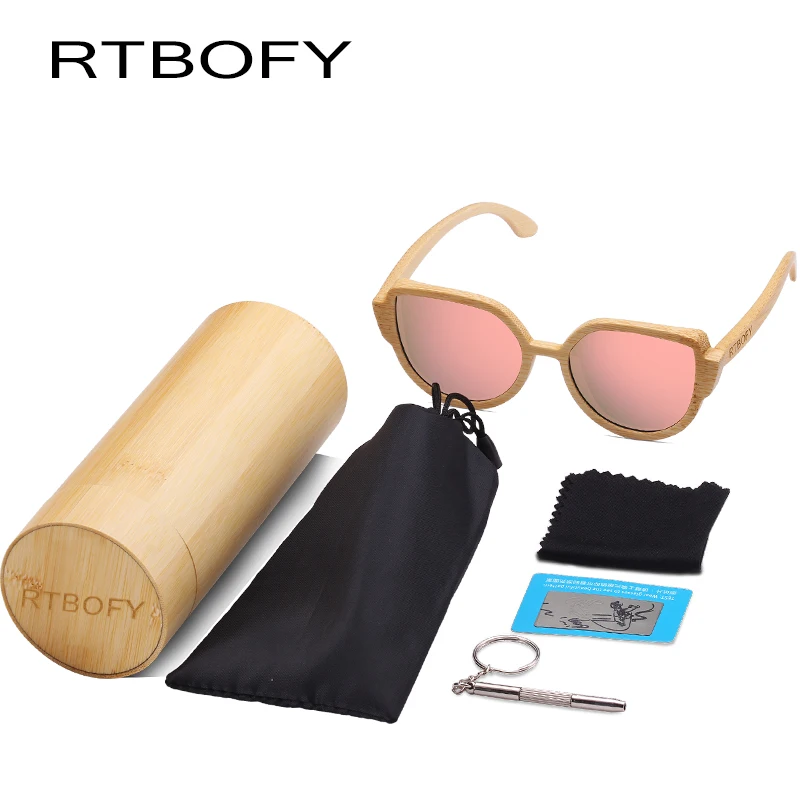 Rtbofy дерево Солнцезащитные очки для женщин Для женщин Bamboo Рамки глаз Очки поляризационные Оптические стёкла Очки с деревянной коробке UV400 защиты оттенков очки