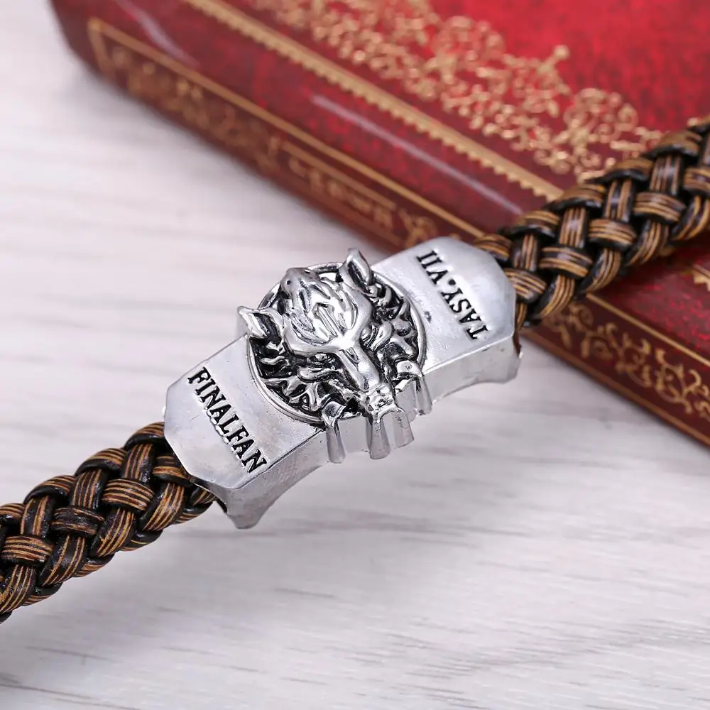Hot Game Final Fantasy Silver Alloy Bracelets wolf Logo Leather Woven Punk Bangle cosplay jewelry drop shipping | Украшения и