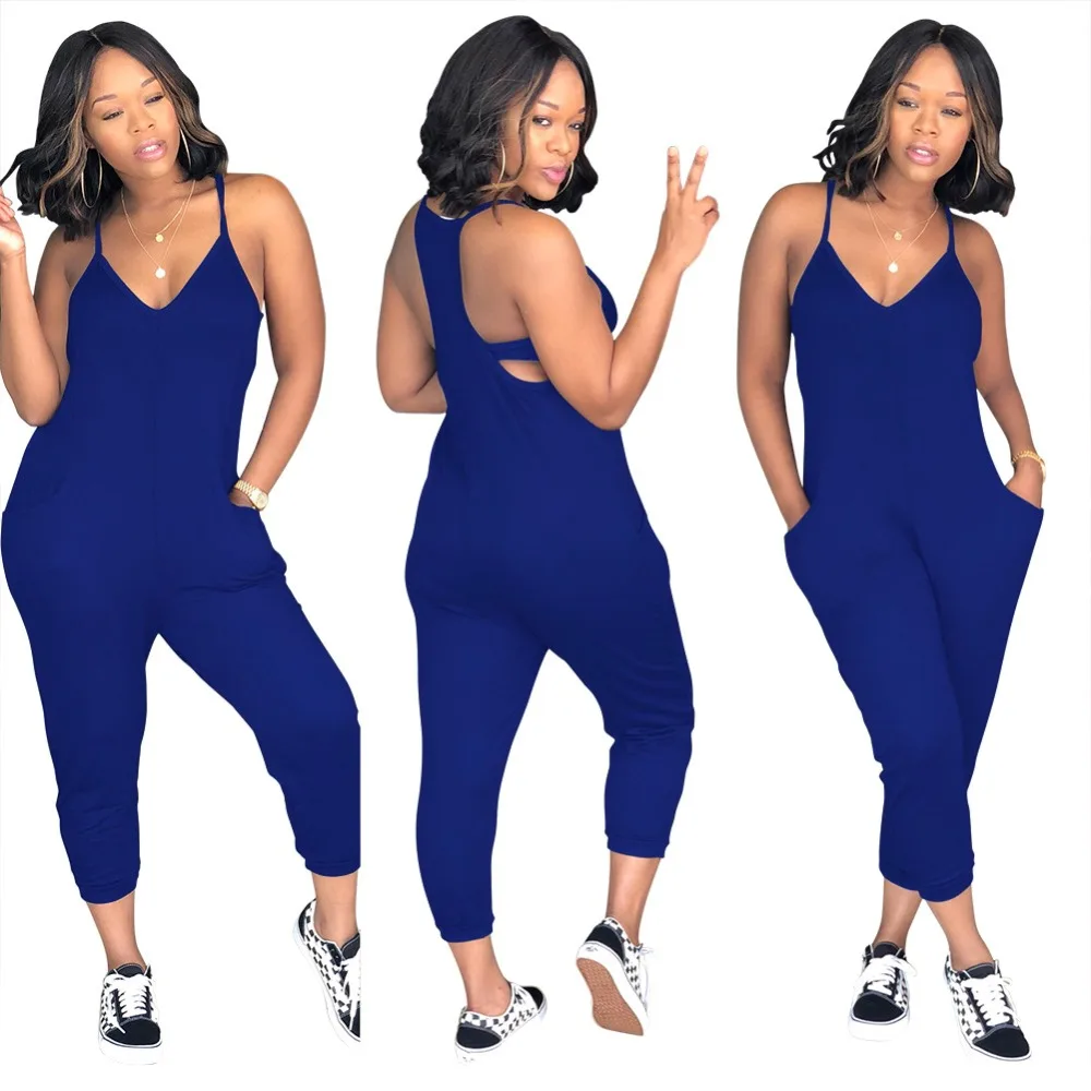 Plus Size Playsuit 3XL Casual Spaghetti Strap V Neck Ankle Length Pant Jumpsuit Women Backless With Pockets One Piece Coveralls | Женская