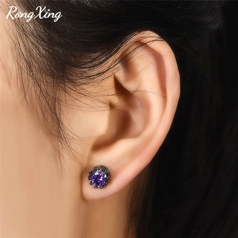 Женские винтажные серьги гвоздики RongXing фиолетовые/розовые круглые с цирконием и
