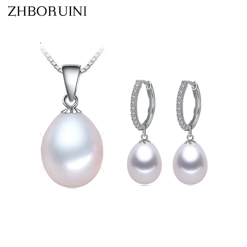 ZHBORUINI Pearl Jewelry Set Natural Freshwater Pearl Necklace Drop Zircon Earrings 925 Sterling Silver Jewelry Set For Women