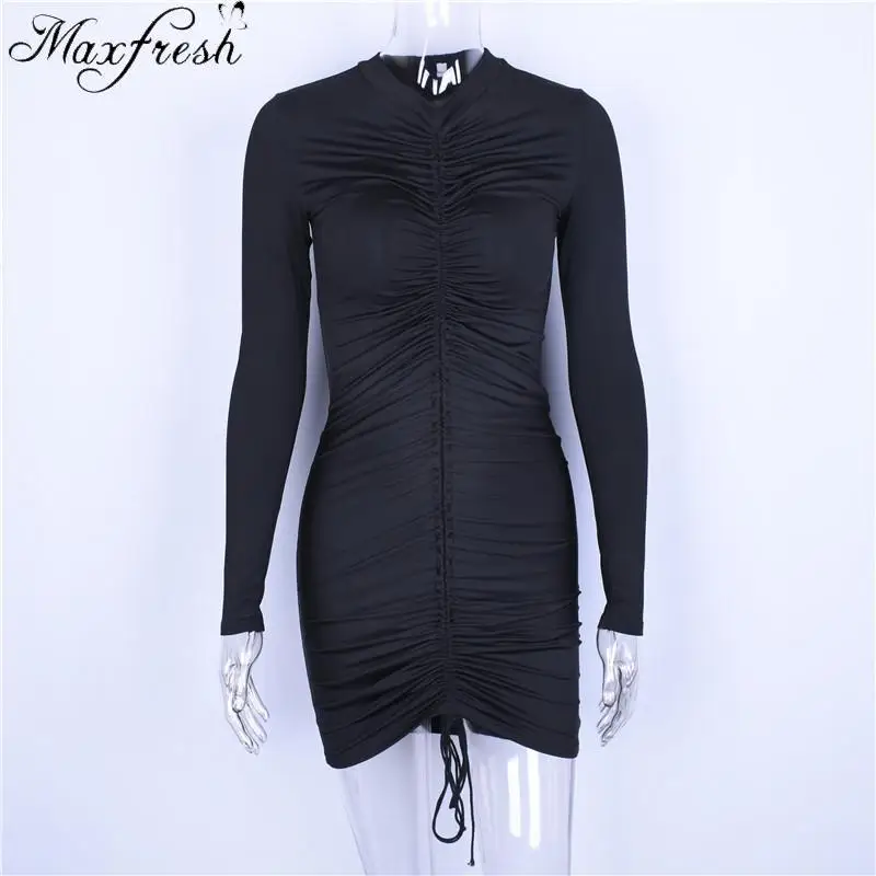 Maxfresh женщин на осень зиму черное платье Длинные рукава худощавое bodycon Платье