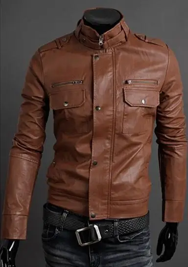 Мужская приталенная мотоциклетная куртка из искусственной кожи корейская мода в