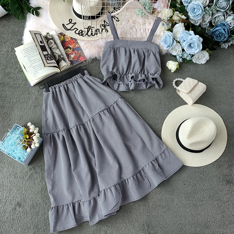 ALPHALMODA/ летний укороченный топ+ юбка трапециевидной формы, женский милый комплект из 2 предметов, куртка и юбка в клетку с высокой талией