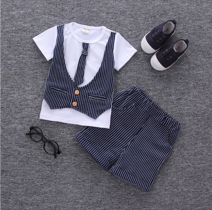 

New children clothes suits baby boys summer clothing sets cotton kids tie gentleman outfits short sleeve tops t shirt pants