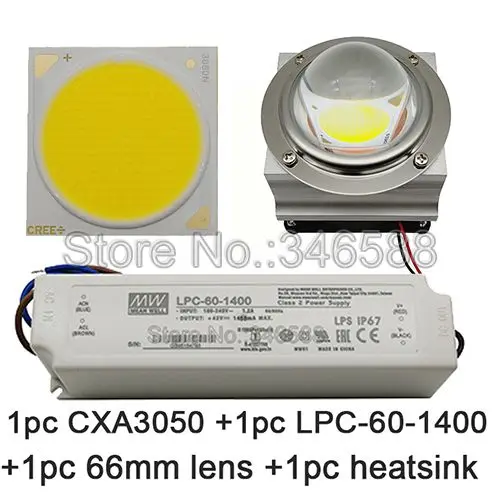 CREE CXA3050 COB светодиодный светильник DIY модуль светодиодный массив светодиодный светильник с 50-60 Вт MEANWELL LPC-60-1400 драйвер и 66 мм стеклянный объектив и радиатор - Emitting Color: Led Lens Driver Fan