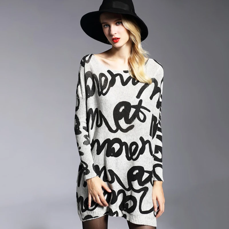 Негабаритных женщин Свитера пуловеры с рукавами летучая мышь принт Slash шеи