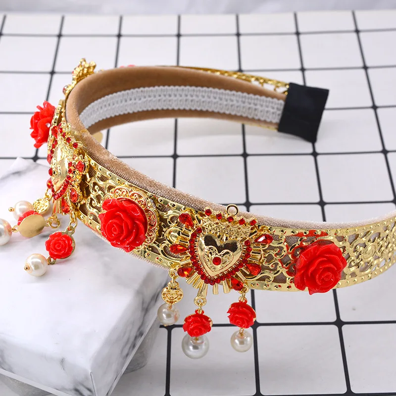 

Женский ободок для волос, винтажный ободок с красным цветком и стразами в европейском стиле, аксессуары для волос на свадьбу и свадьбу