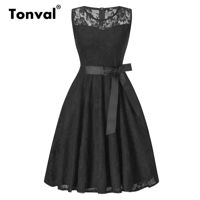 Черный Tonval, винтажное белое летнее платье, элегантное, кружевное, Ретро стиль, для женщин, без рукавов, повседневные платья, с поясом, трапециевидные, вечерние, платье-халат - Цвет: Черный